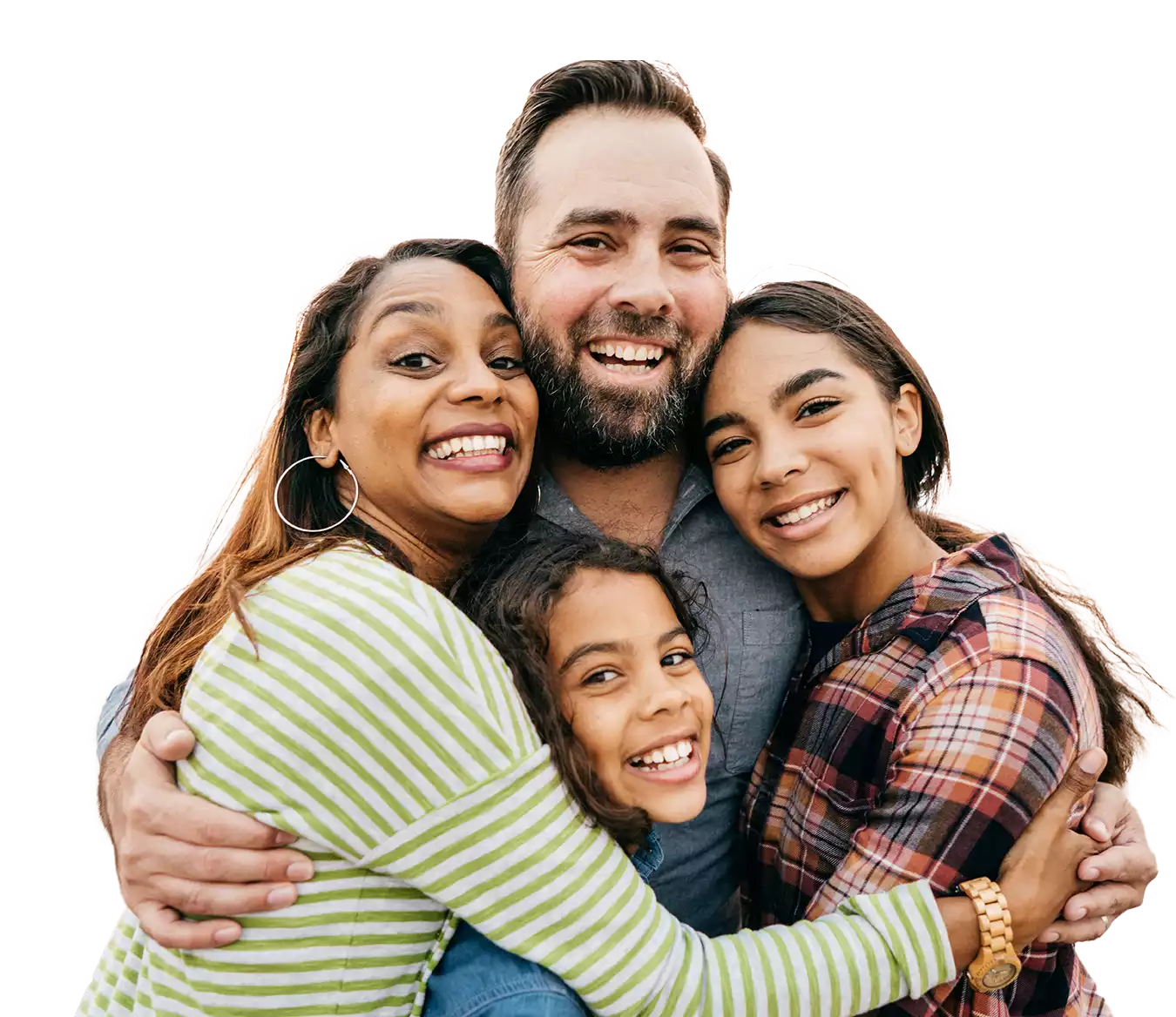 Smiling family embracing each other in a hug